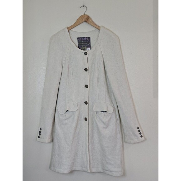 Free People Textured Wool Blend Pea Coat Size Large Victorian Style Ivory - Picture 1 of 12
